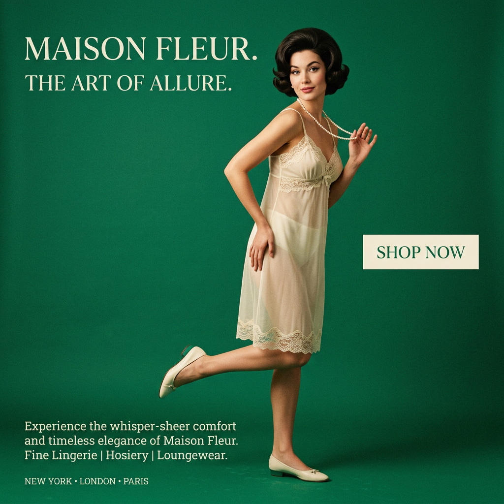 Model in a sheer cream lace slip and pearls strikes a retro 1960s pose on an emerald green backdrop