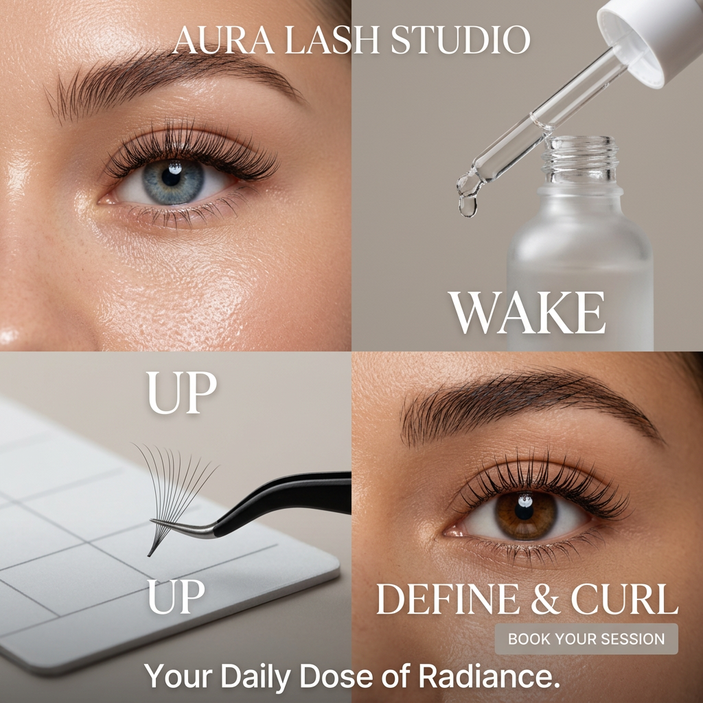 Four-panel lash ad with eye close-ups, a serum dropper, tweezers holding lash fans and text Wake Up Define & Curl