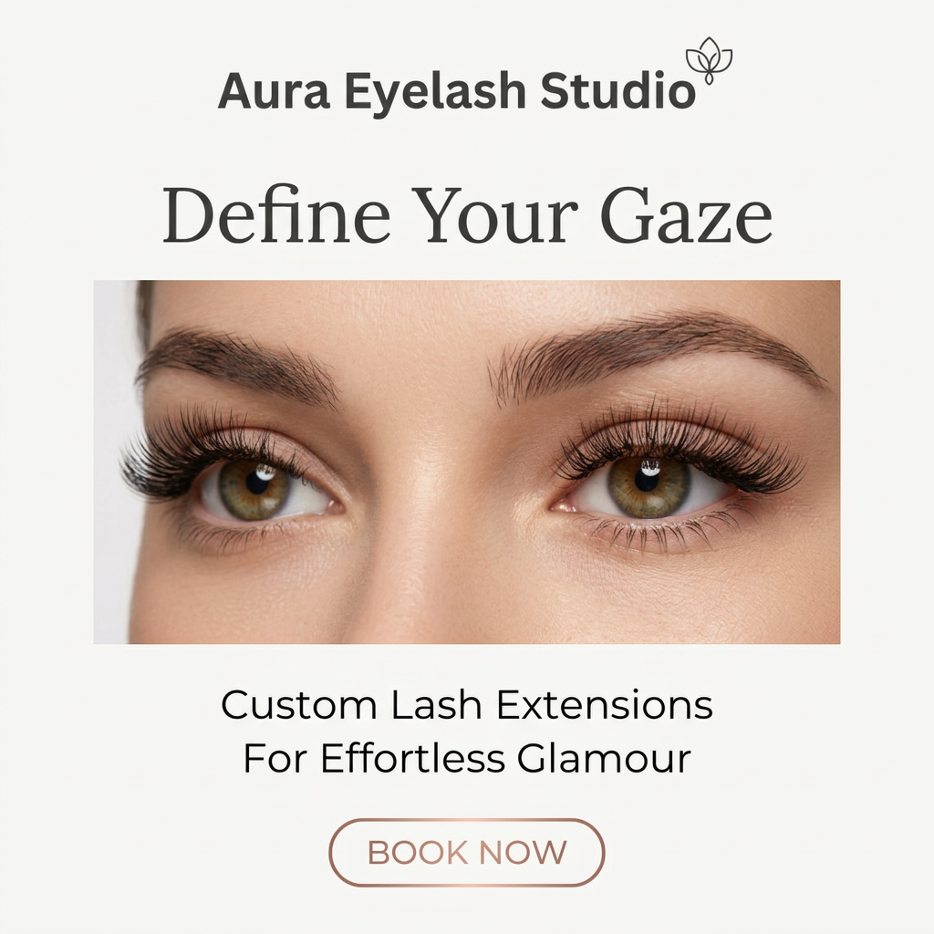 Close-up of a woman's green eyes with full lash extensions under the headline Define Your Gaze and a Book Now button