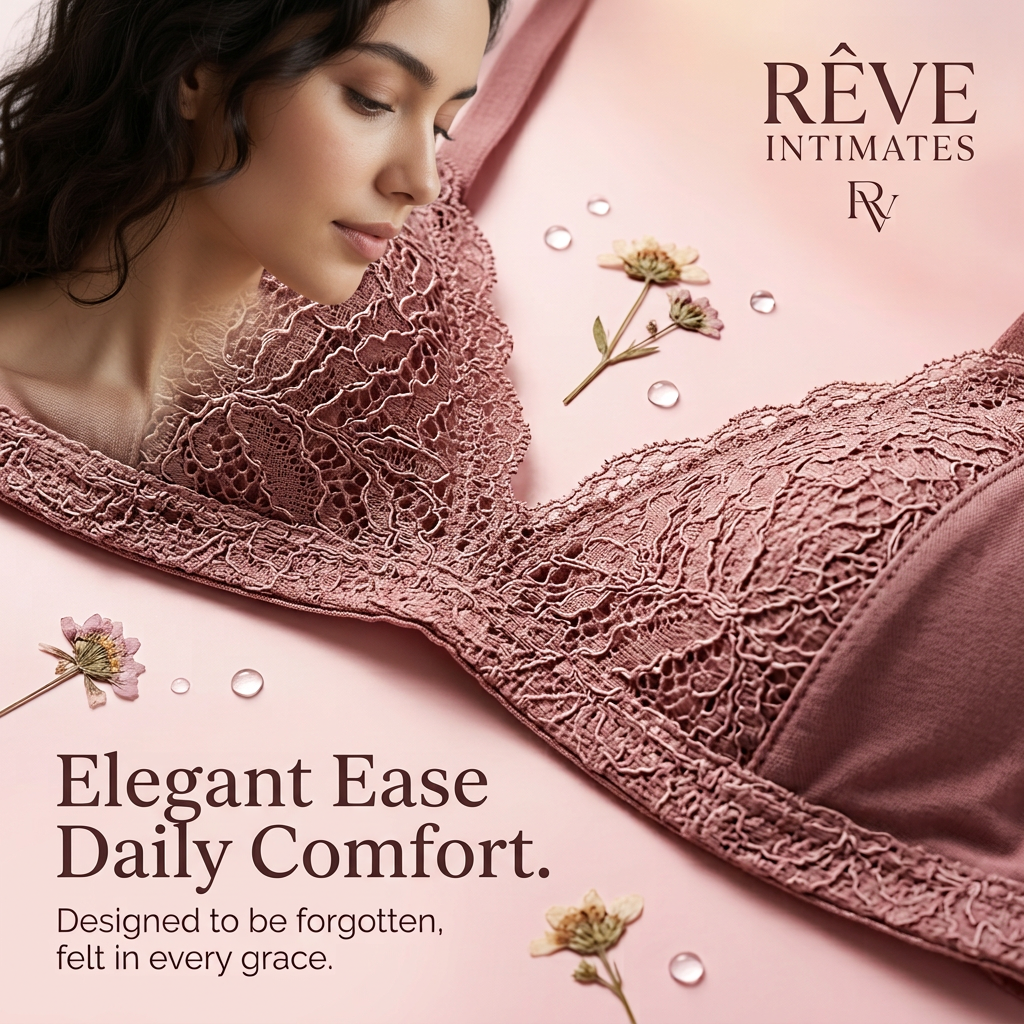Oversized dusty rose lace bra on pink silk with pressed flowers, water drops and a woman's profile blended in