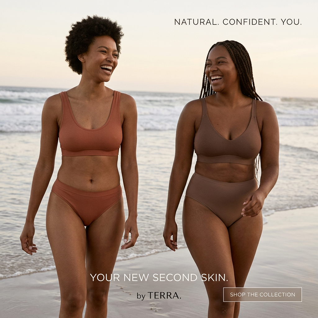 Two smiling women in terracotta and mocha seamless bra and brief sets walk along a beach at sunset