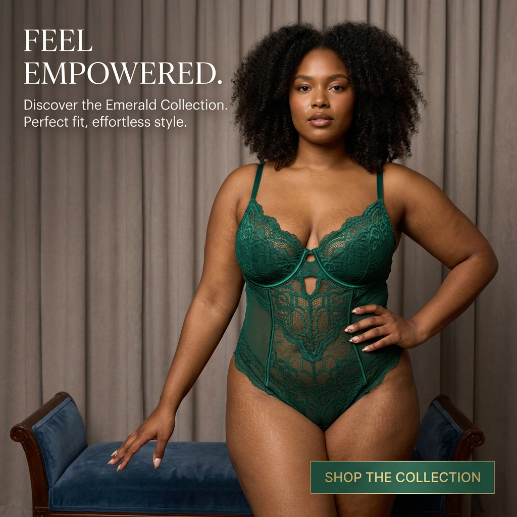 Confident plus-size woman in an emerald lace bodysuit stands with hand on hip before grey curtains and a navy bench
