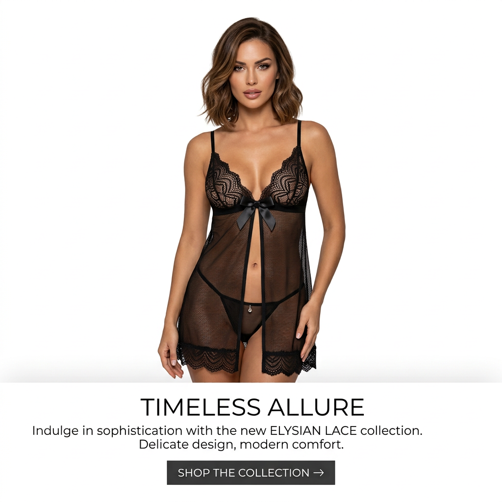 Model in a black sheer mesh babydoll with lace cups and satin bow on a white background above the text Timeless Allure