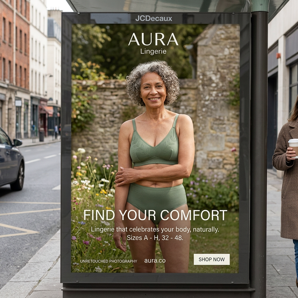 Bus shelter poster of a smiling grey-haired woman in a sage green bra and brief in a garden, headline Find Your Comfort
