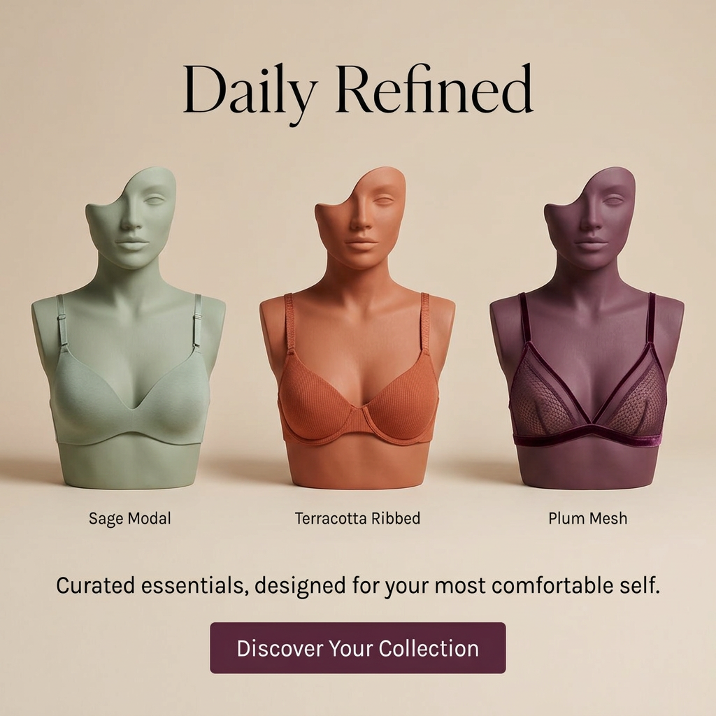 Three bras in sage modal, terracotta ribbed and plum mesh on matching coloured mannequins against a beige backdrop