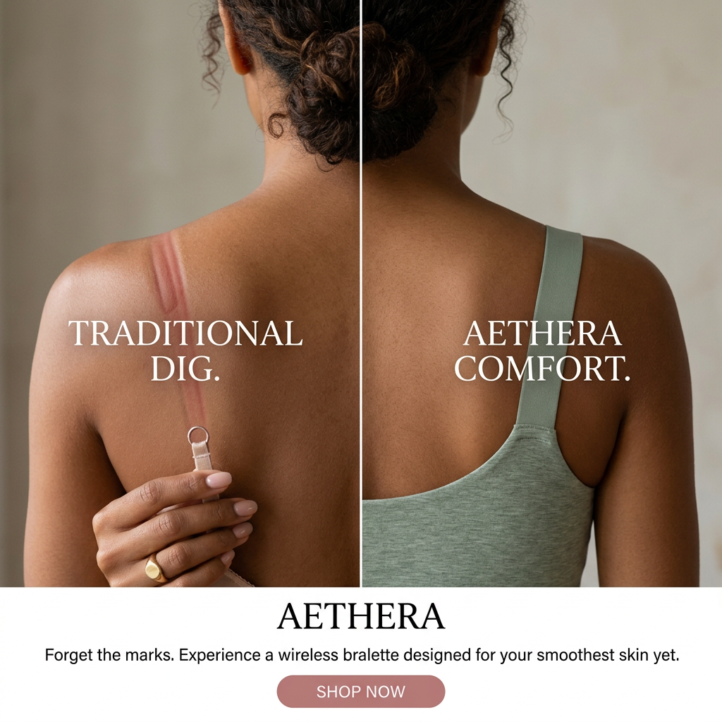 Split image of a woman's back: left shoulder with red bra strap mark, right shoulder with wide sage green bralette strap