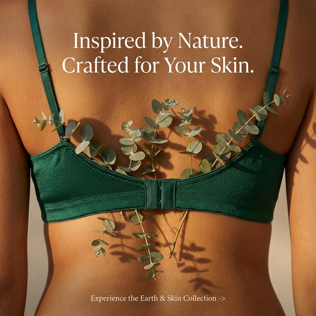 Close-up of a woman's back wearing an emerald green bra with fresh eucalyptus sprigs tucked under the band in sunlight