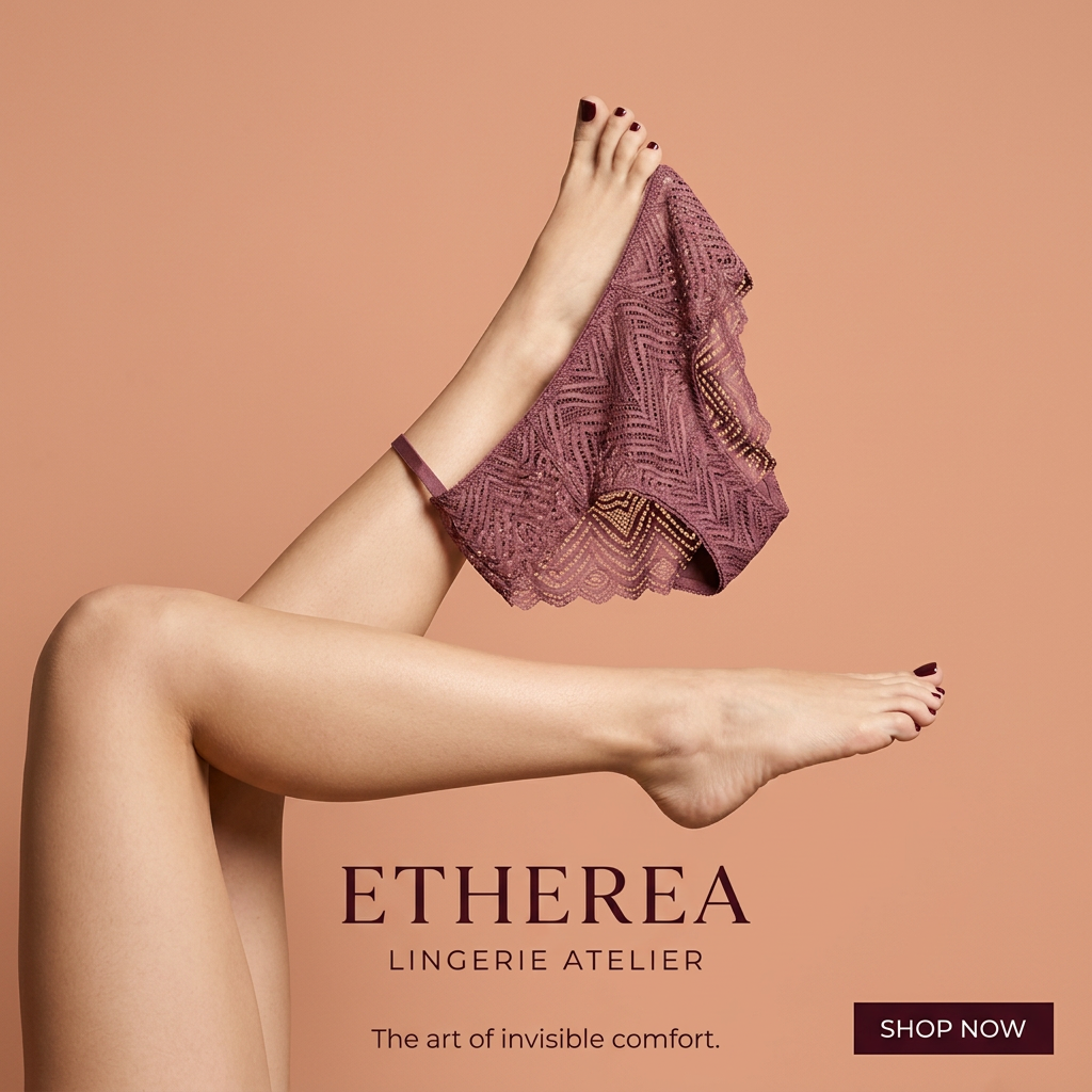 Mauve geometric lace brief dangling from a raised foot with burgundy toenails against a peach background