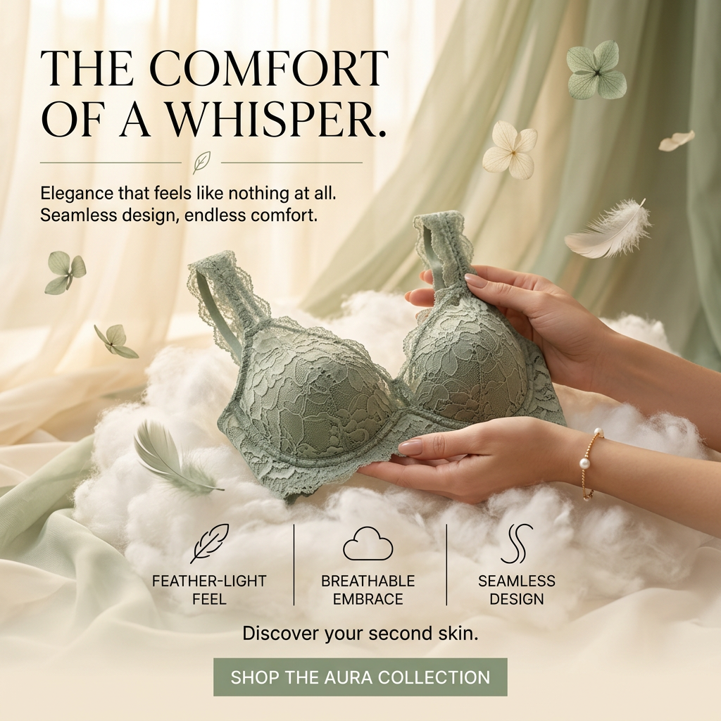 Hands holding a sage green lace bra above white cotton clouds with feathers, petals and three icon feature callouts