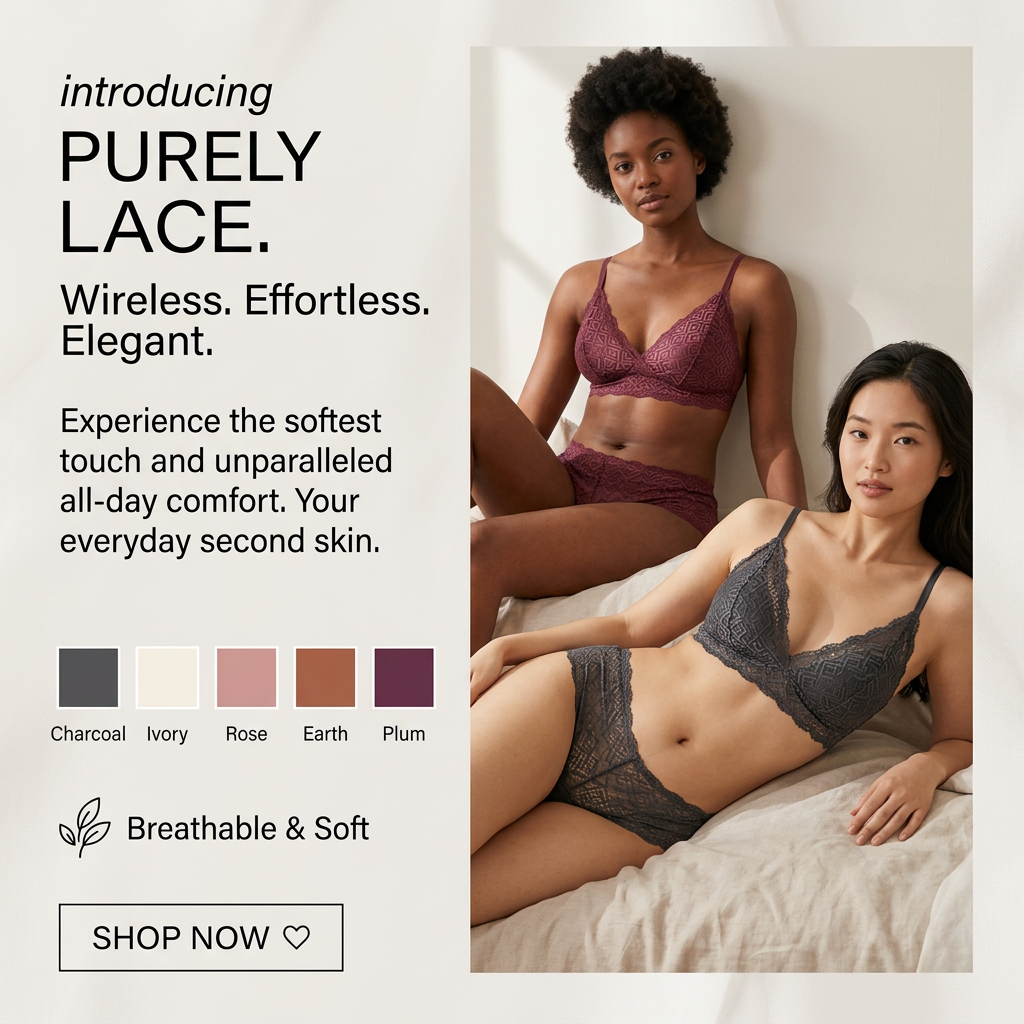 Two women in plum and charcoal wireless lace bralettes and briefs on a bed beside five colour swatches and a Shop Now button