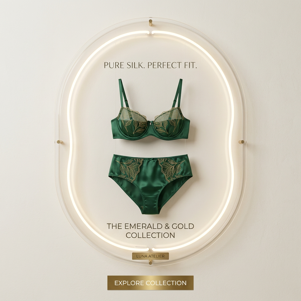 Emerald silk bra and brief with gold leaf embroidery displayed in a glowing oval acrylic frame on a cream wall