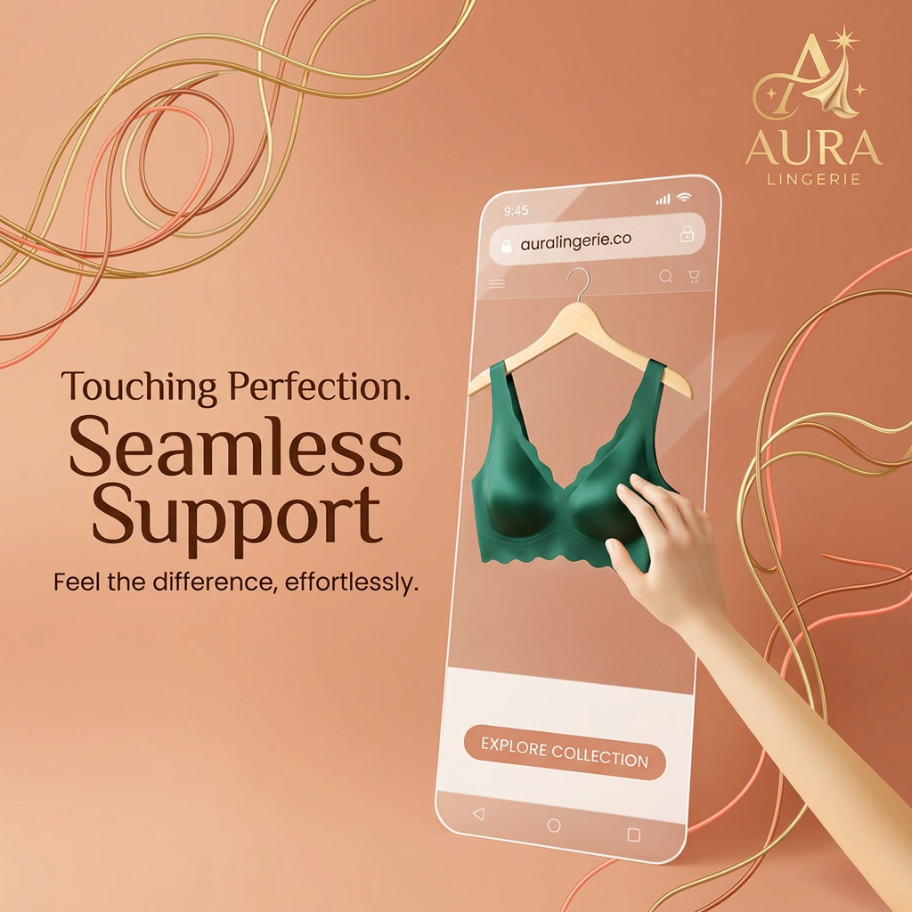 Hand touching a green seamless bra on a hanger inside a transparent phone screen on a terracotta background with gold lines