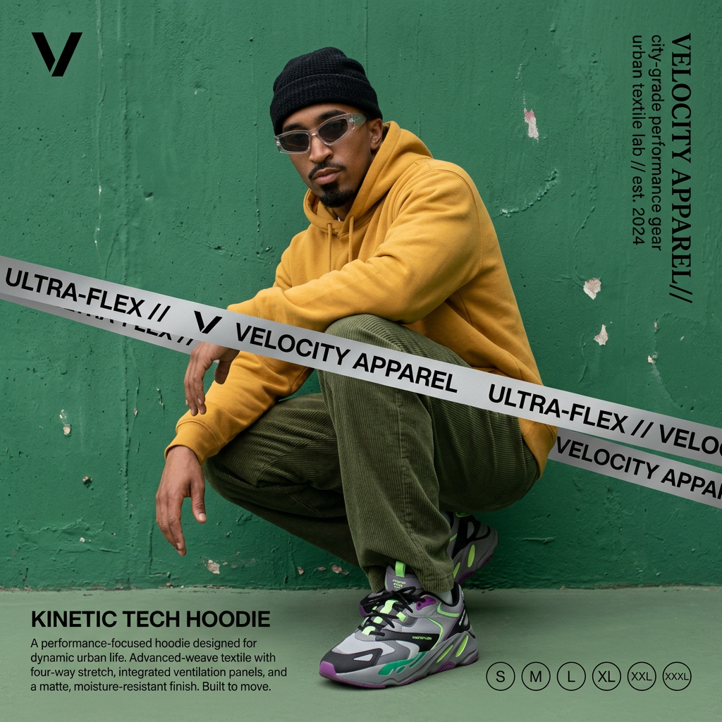 Model in mustard hoodie crouching by a green wall, crossed by a silver Velocity Apparel tape banner, sizes S to XXXL