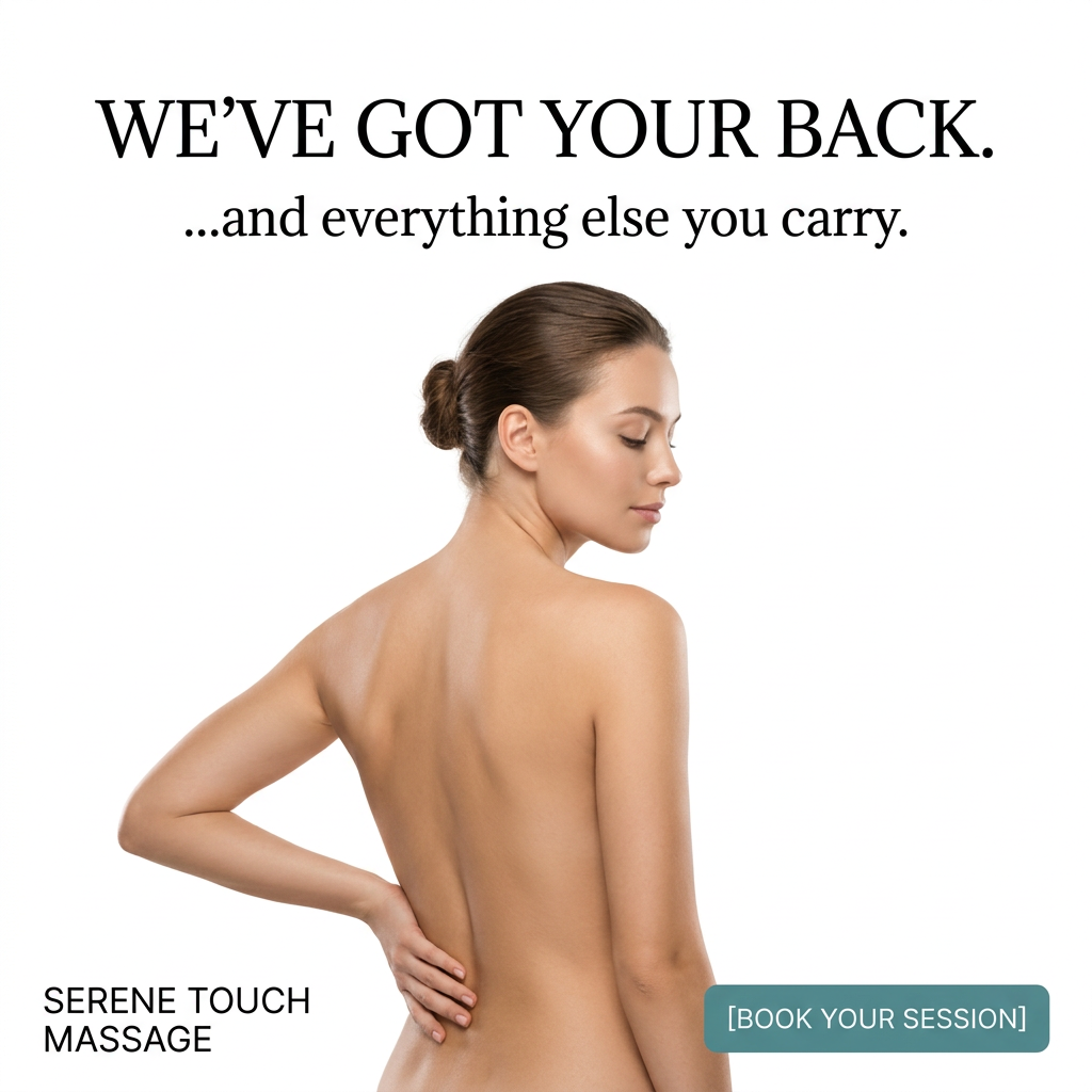 Woman seen from behind holding her lower back on a white background with the headline We've Got Your Back