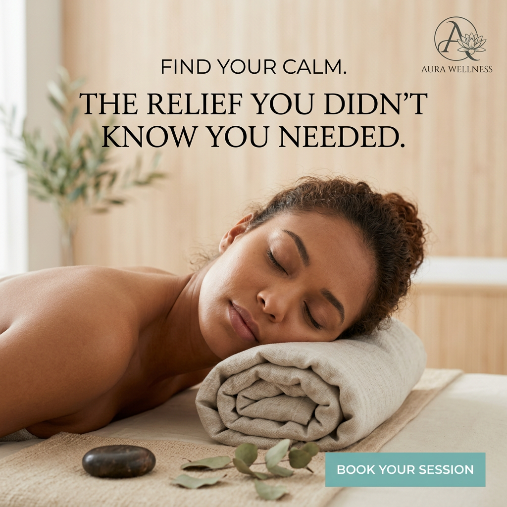 Relaxed woman resting her head on a rolled linen towel on a massage table with eucalyptus leaves and a hot stone