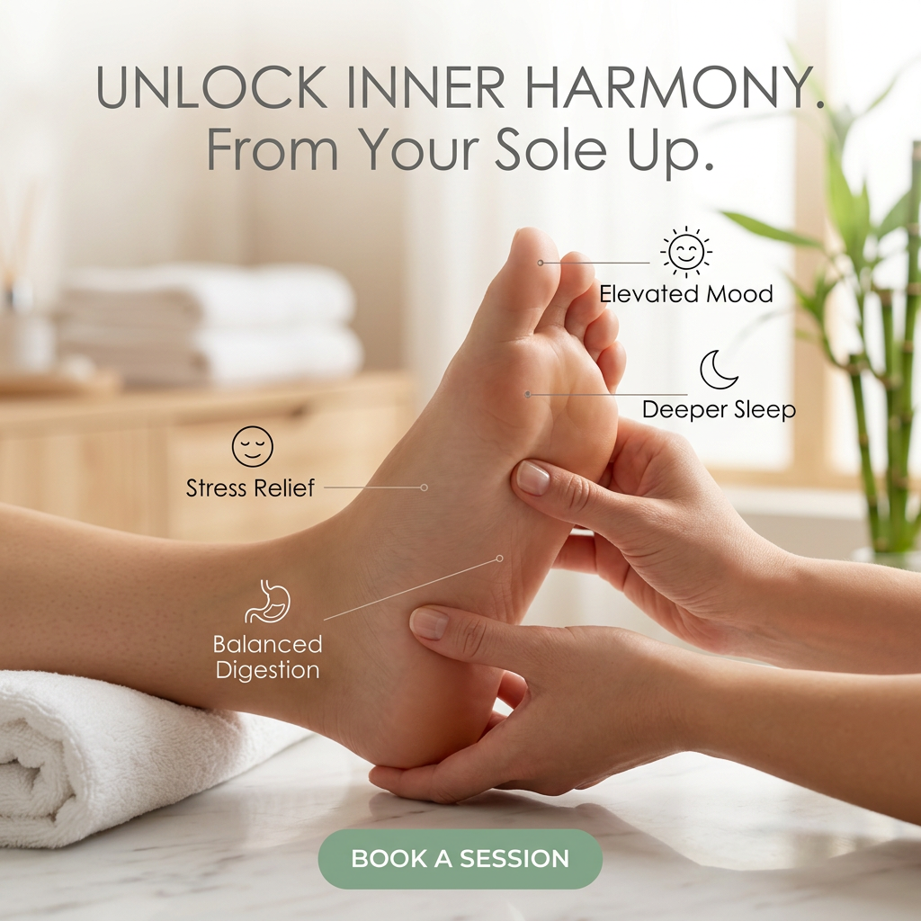 Therapist hands massaging a bare foot with callout lines to icons for mood, sleep, stress relief and digestion