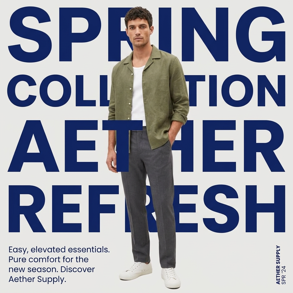 Male model in olive linen shirt and grey trousers standing among giant navy letters reading Spring Collection Aether Refresh