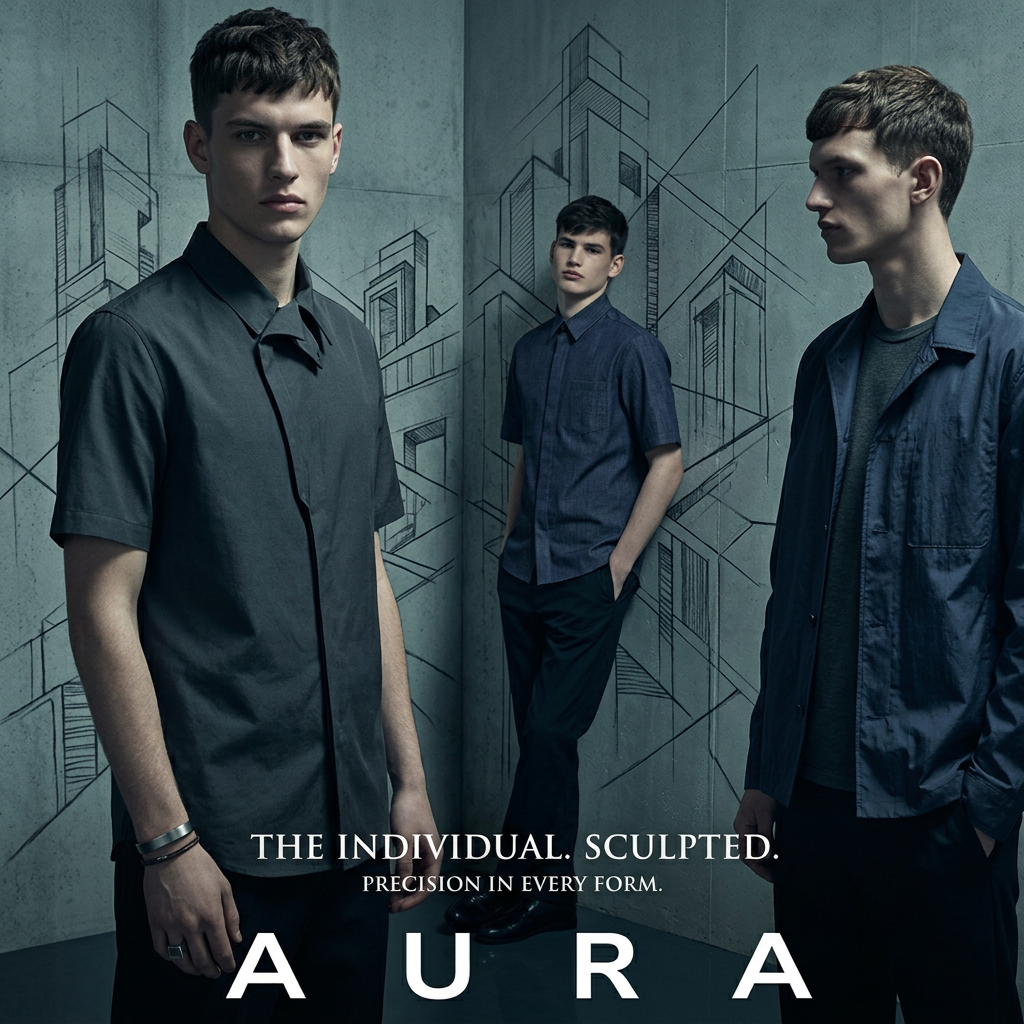 Three male models in dark shirts and jackets in a grey concrete room with architectural sketches and the word AURA