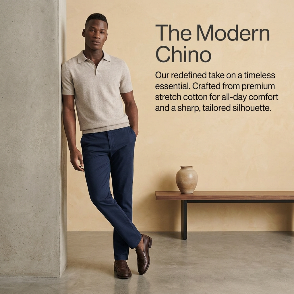 Male model in navy chinos, beige knit polo and brown loafers leaning on a concrete pillar in a warm minimal room