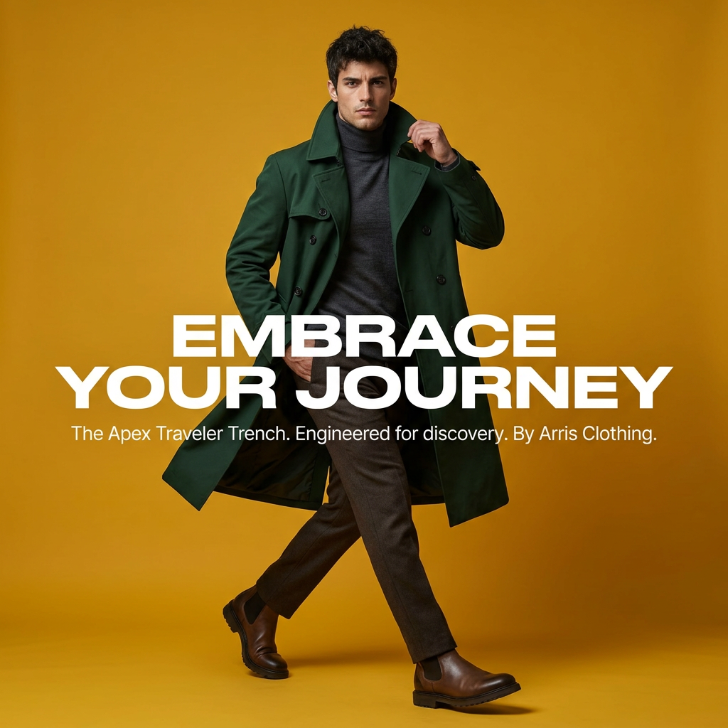 Man in a forest green trench coat and brown boots striding on a mustard yellow background with headline Embrace Your Journey