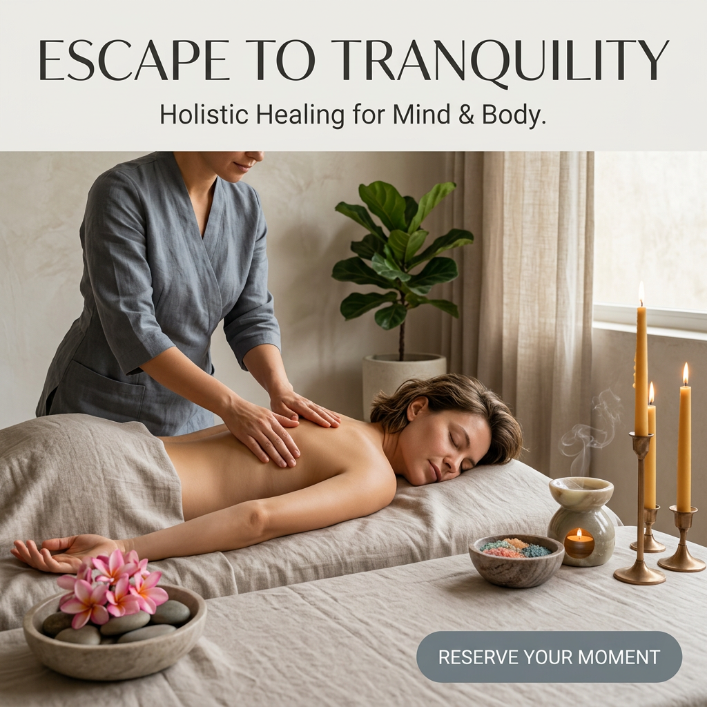 Therapist giving a back massage to a relaxed woman in a calm spa room with candles, plant and a bowl of flowers and stones