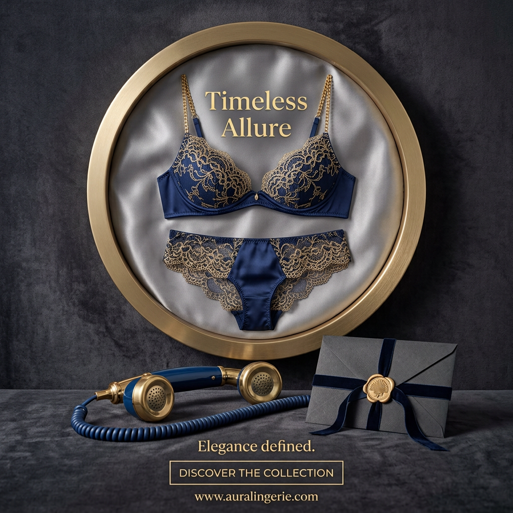 Navy satin bra and brief with gold lace on grey silk inside a round brass frame, with a vintage phone and sealed envelope