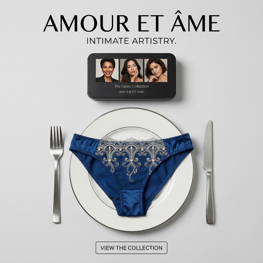 Sapphire satin brief with silver embroidery on a white dinner plate with fork and knife, below a tin of three portraits