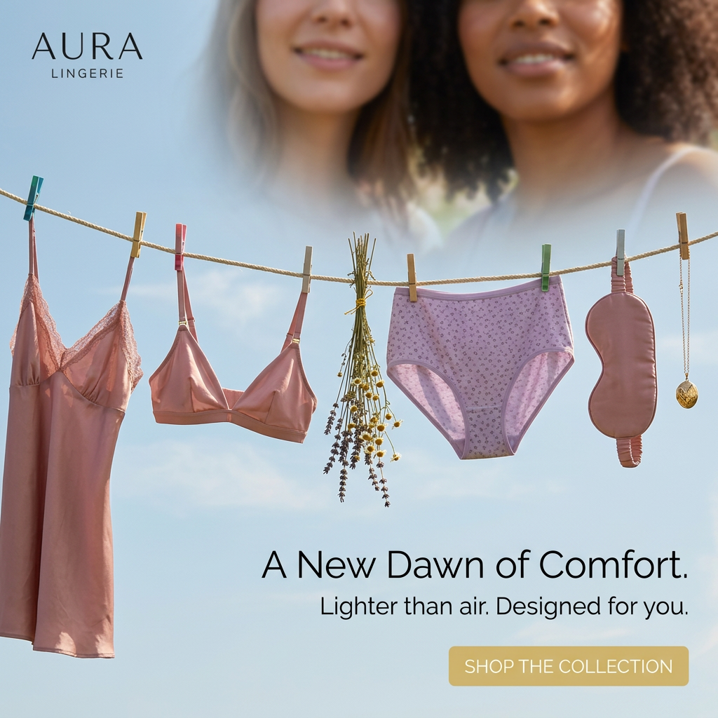 Pink slip, bralette, lilac brief, dried flowers and sleep mask on a clothesline under blue sky with two smiling women