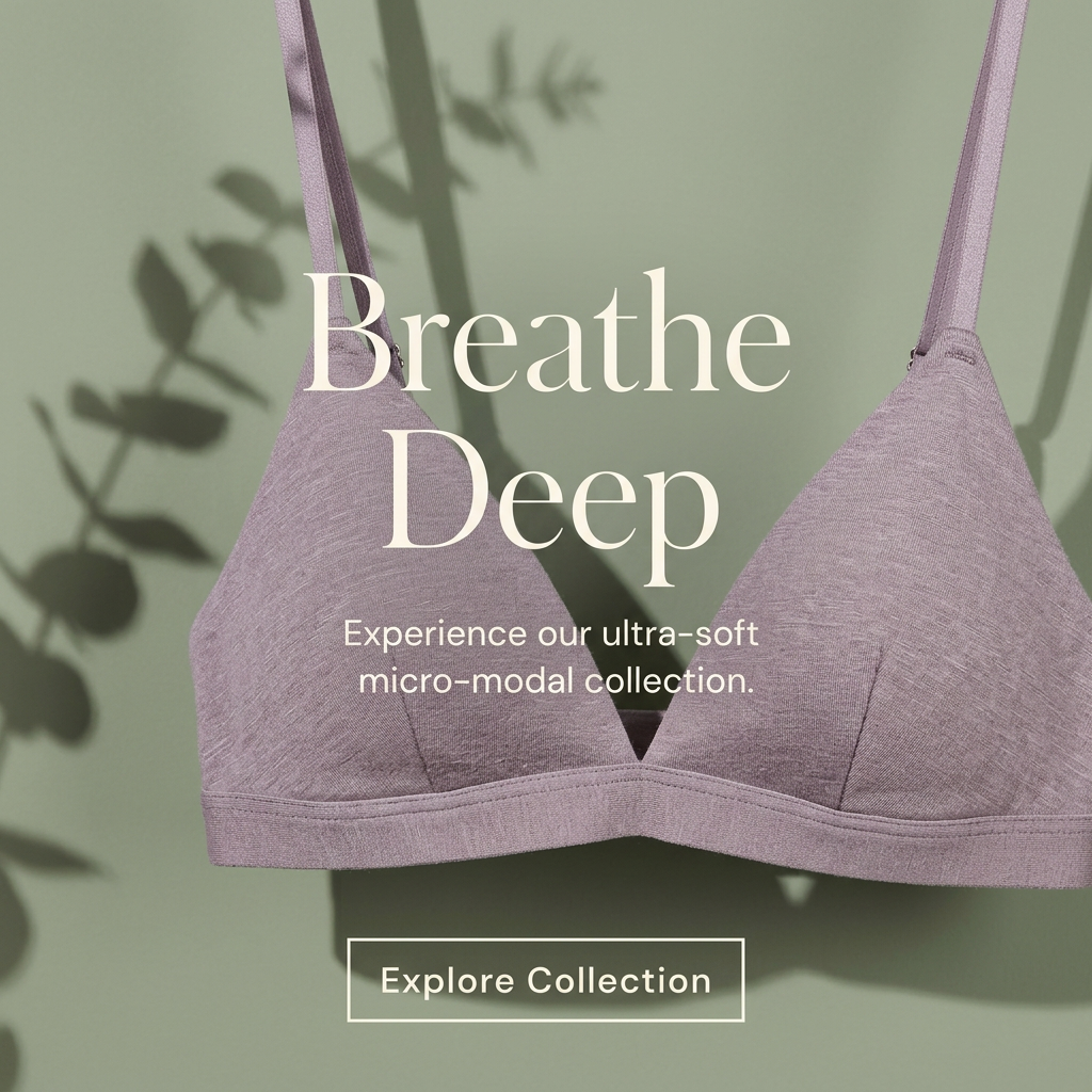 Close-up of a mauve micro-modal triangle bralette hanging against a sage green wall with eucalyptus leaf shadows