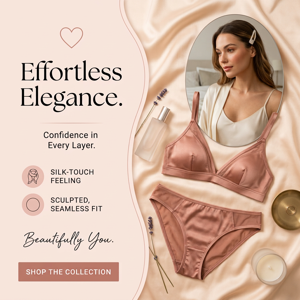 Rose seamless bra and brief on cream satin with perfume and lavender, a mirror portrait of a woman and two feature icons