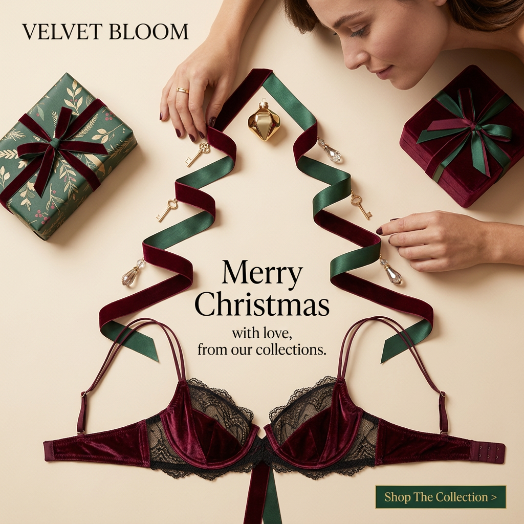 Burgundy velvet and lace bra below velvet ribbons shaped like a Christmas tree with keys, gifts and a woman's hands
