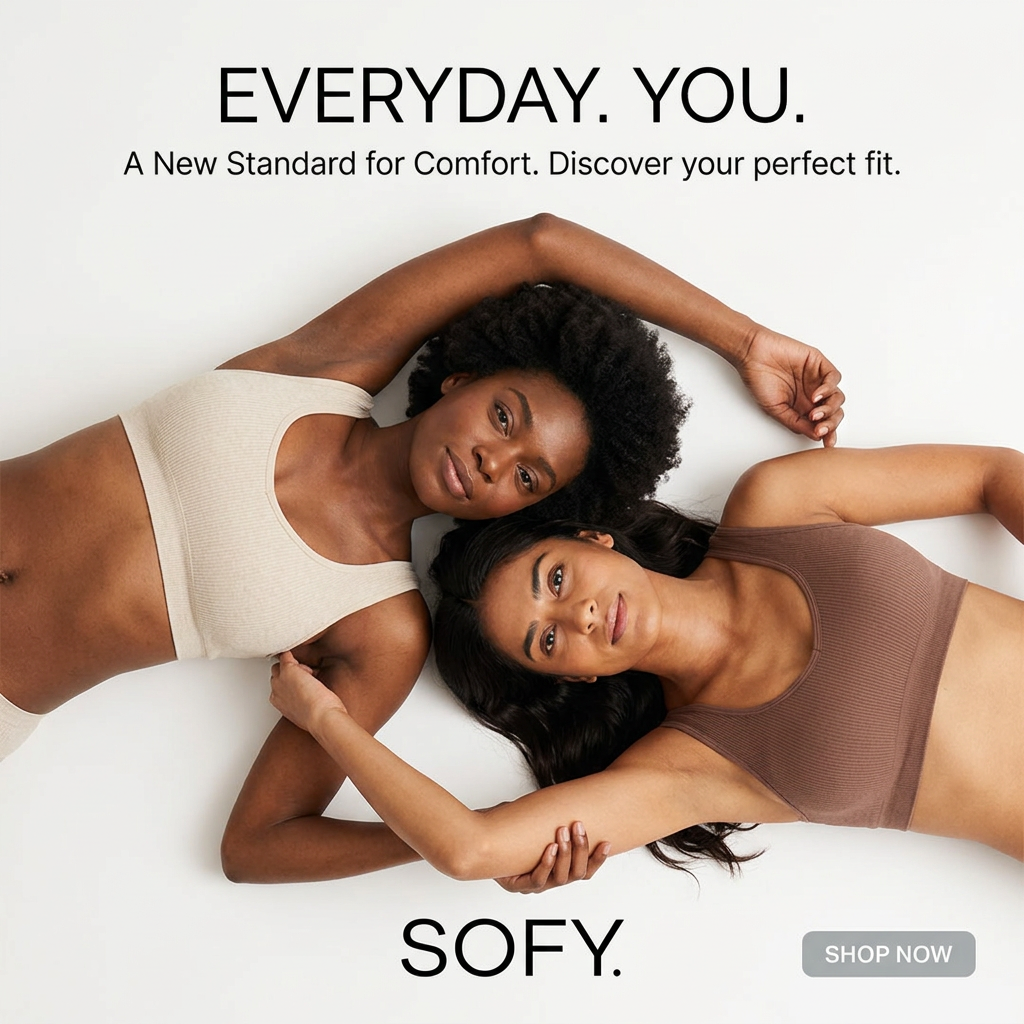 Two women in cream and mocha ribbed bralettes lying head to head on a white floor, arms linked, looking at the camera