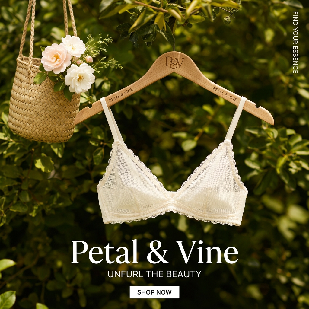 Ivory mesh and lace bralette on an engraved Petal & Vine wooden hanger in a garden beside a woven basket of white roses
