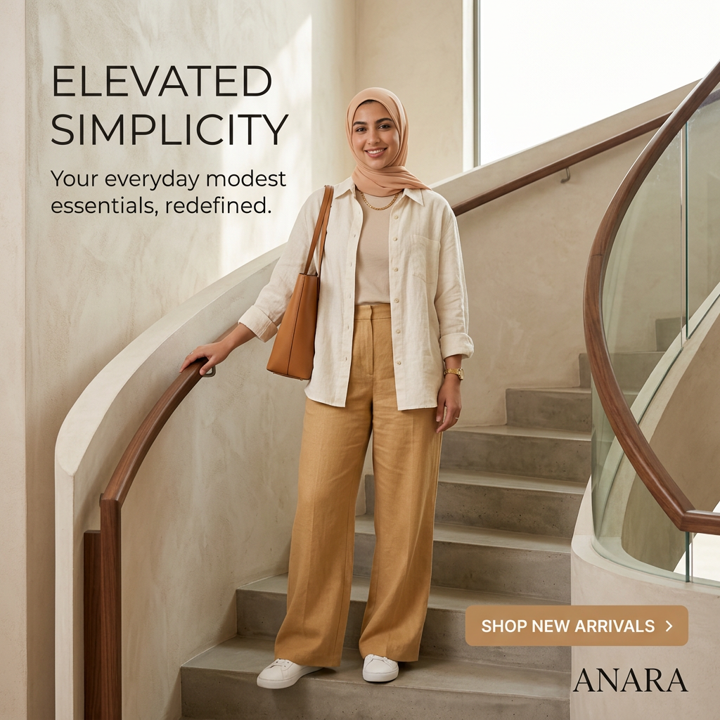 Smiling woman in a peach hijab, cream linen shirt and camel wide-leg trousers standing on a curved concrete staircase