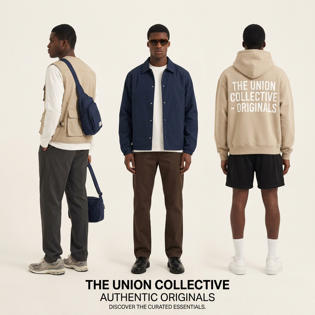 Male model shown three times in a studio: utility vest with sling bag, navy coach jacket, and beige hoodie with back print