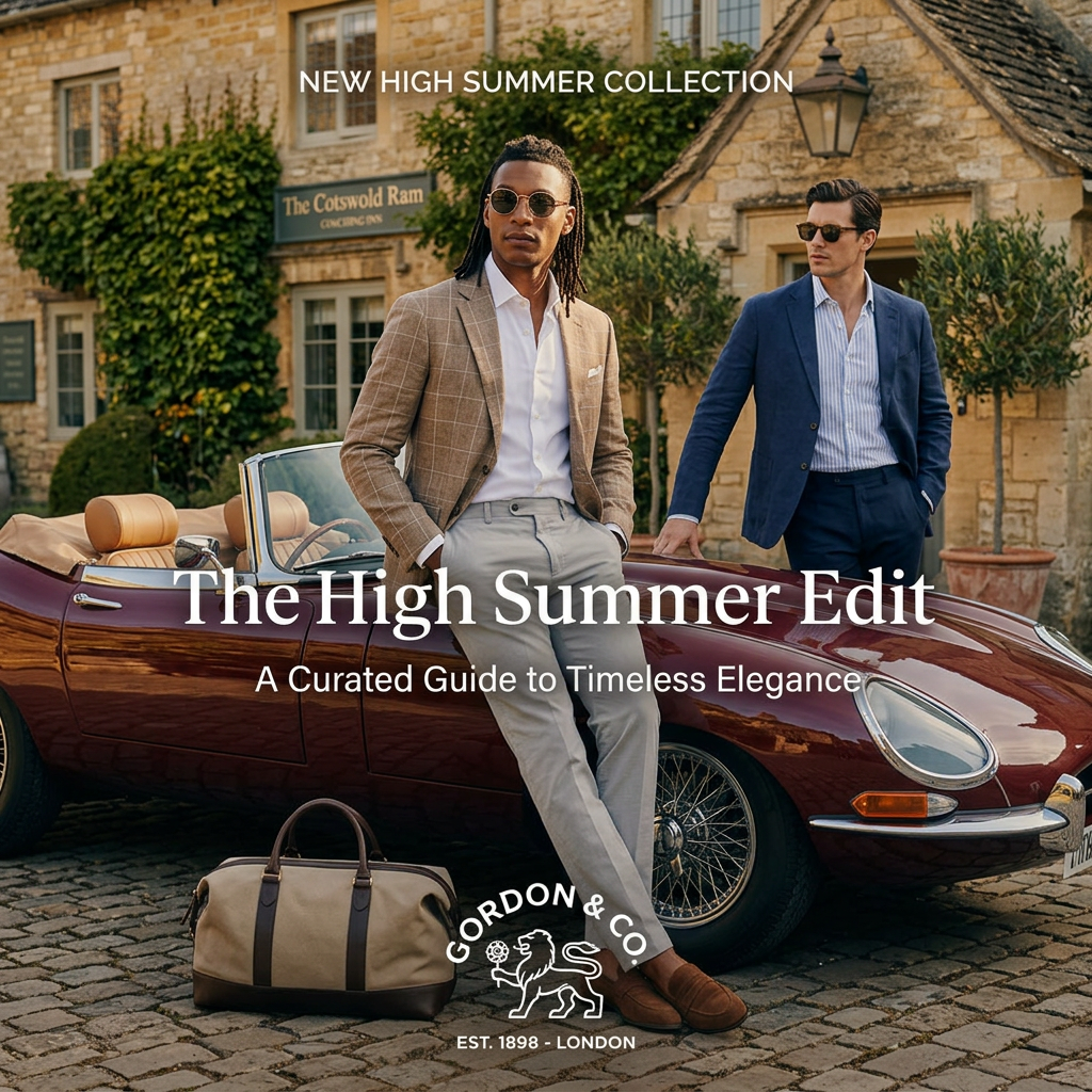 Two men in summer blazers beside a burgundy vintage convertible and a canvas holdall outside a Cotswold stone inn