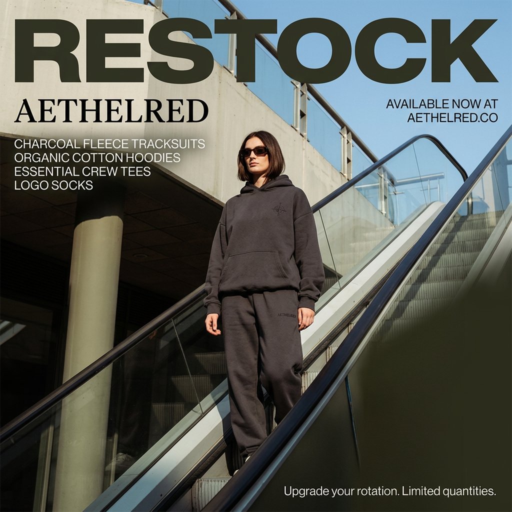 Woman in a charcoal fleece hoodie and joggers riding an escalator, with a large RESTOCK headline and product list beside her