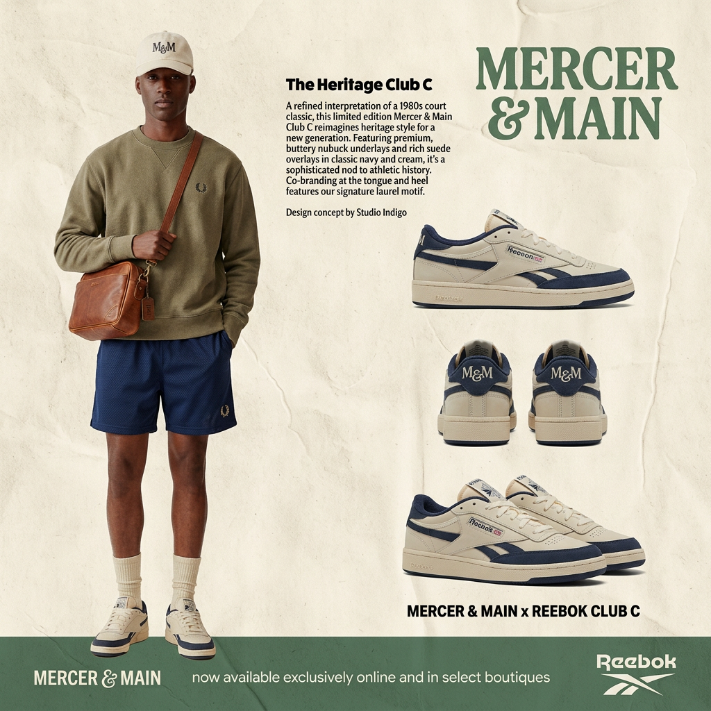 Cream and navy Club C sneaker shown from side and heel, next to a man in an olive sweatshirt, navy shorts and a cream cap