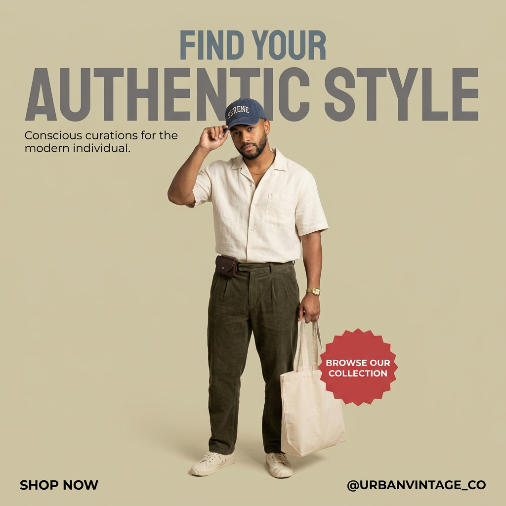 Man in a navy cap, cream linen shirt and olive corduroy trousers holding a canvas tote on a sage background