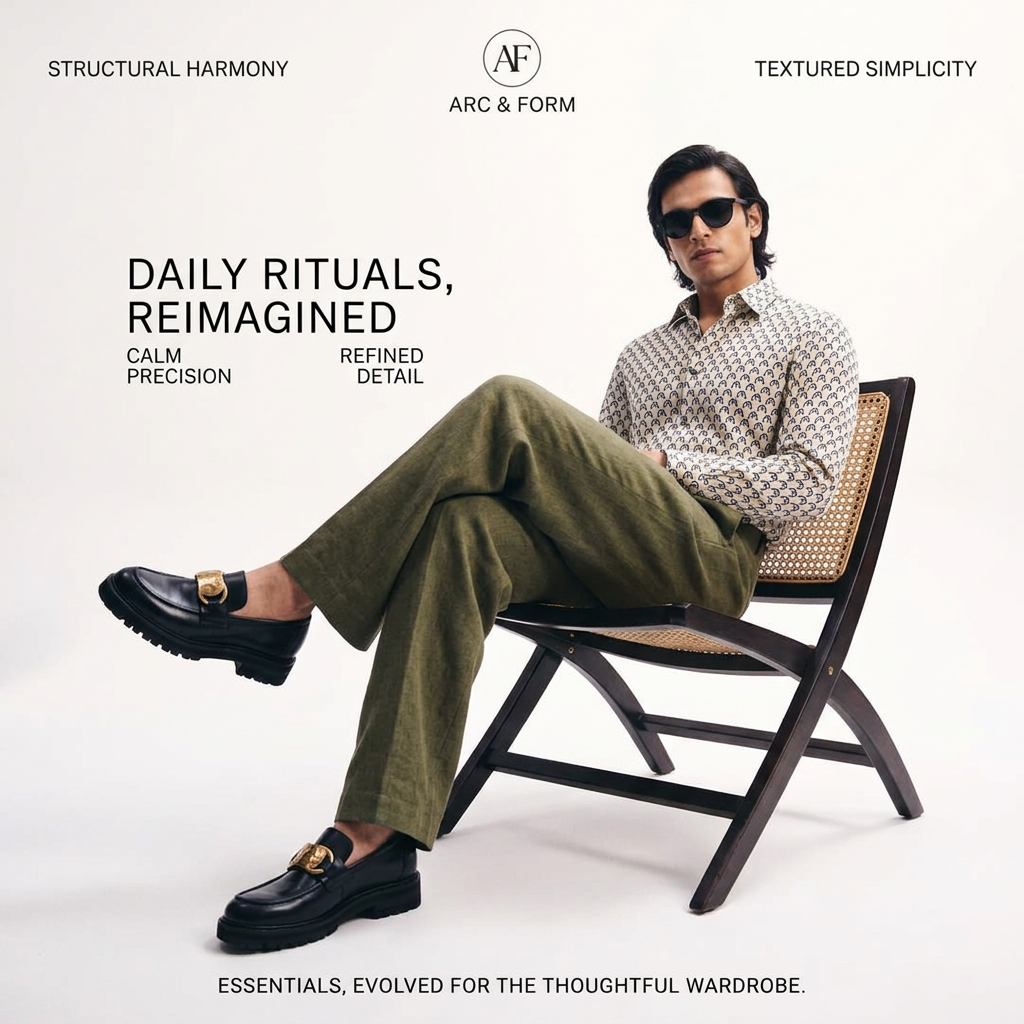 Man in sunglasses, printed shirt and olive trousers seated on a rattan chair, wearing black gold-buckle loafers
