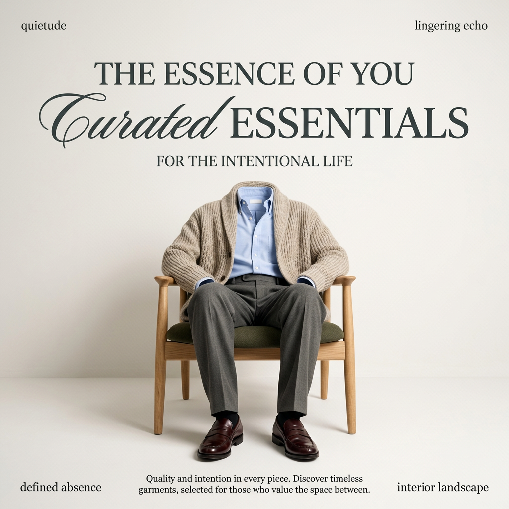 Beige cardigan, blue oxford shirt, grey trousers and burgundy loafers seated on a wooden chair with no visible person
