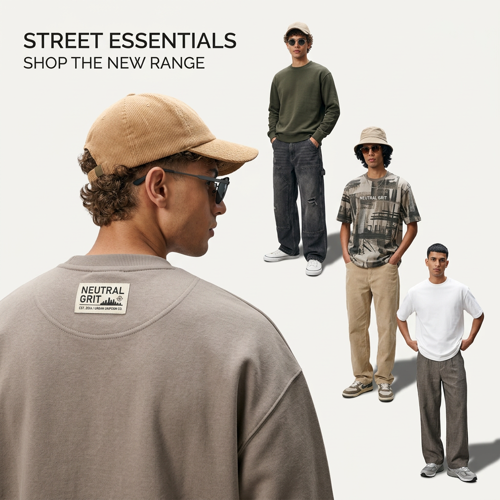 Neutral Grit woven label on the back of a taupe sweatshirt, with three models in neutral streetwear behind