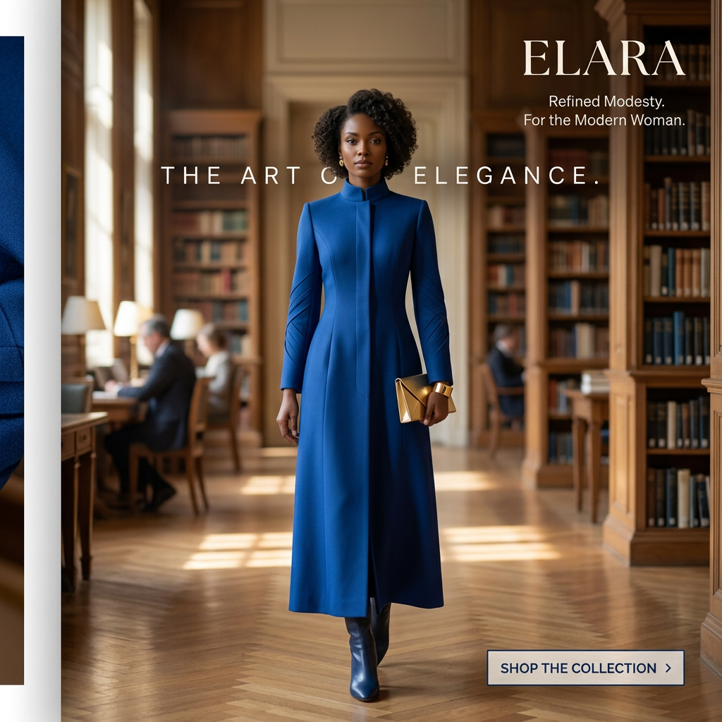 Woman in a royal blue long coat dress with gold clutch walking through a wood-panelled library, ELARA ad text