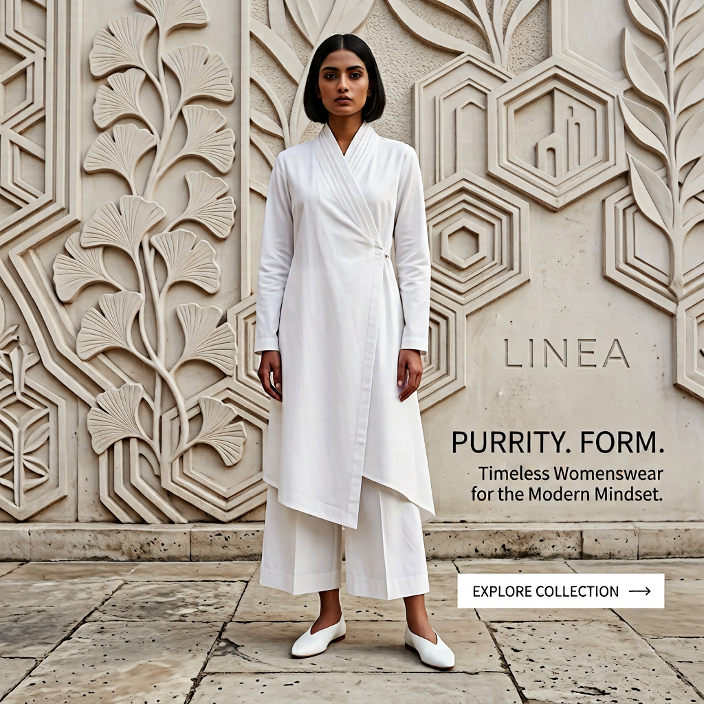 Woman in white wrap tunic and wide-leg trousers standing before a carved stone relief wall, LINEA ad