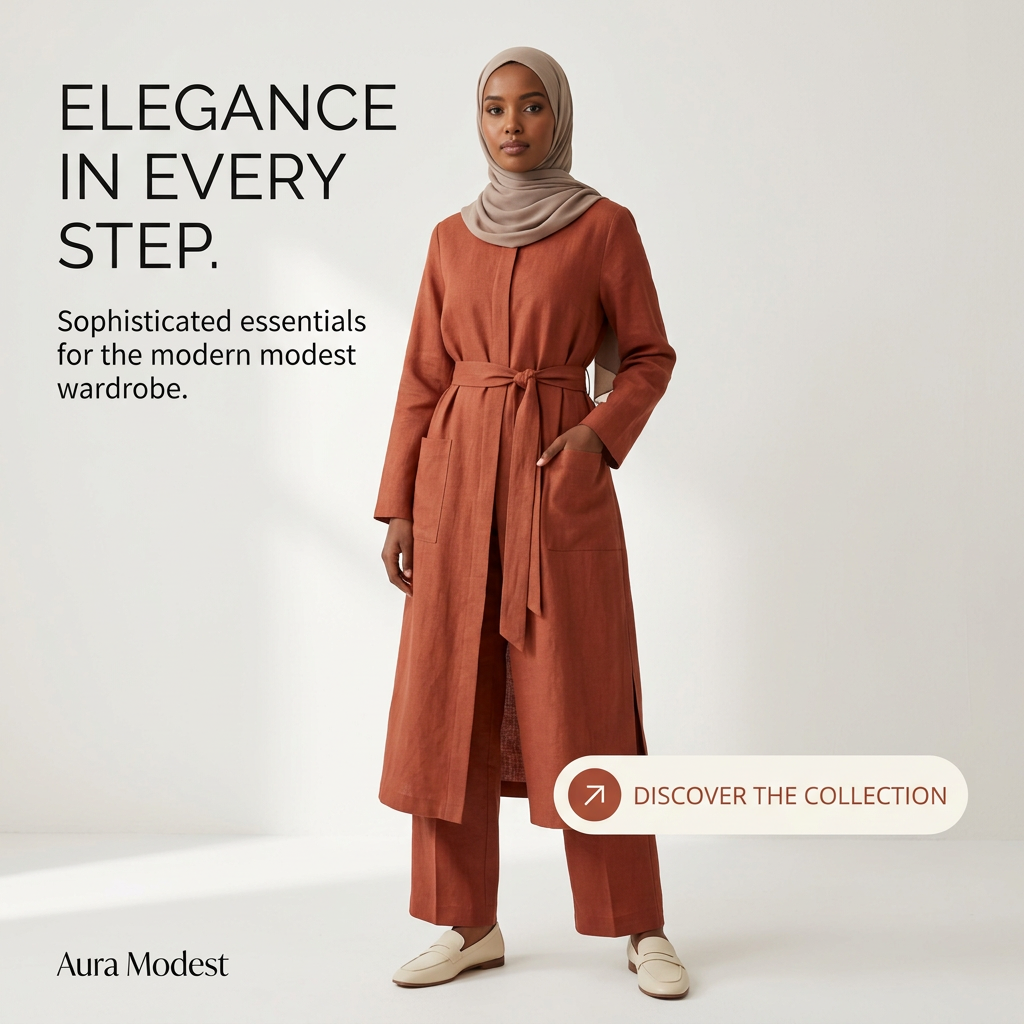 Woman in taupe hijab and rust linen duster coat with tie belt and matching trousers in a bright studio, Aura Modest ad
