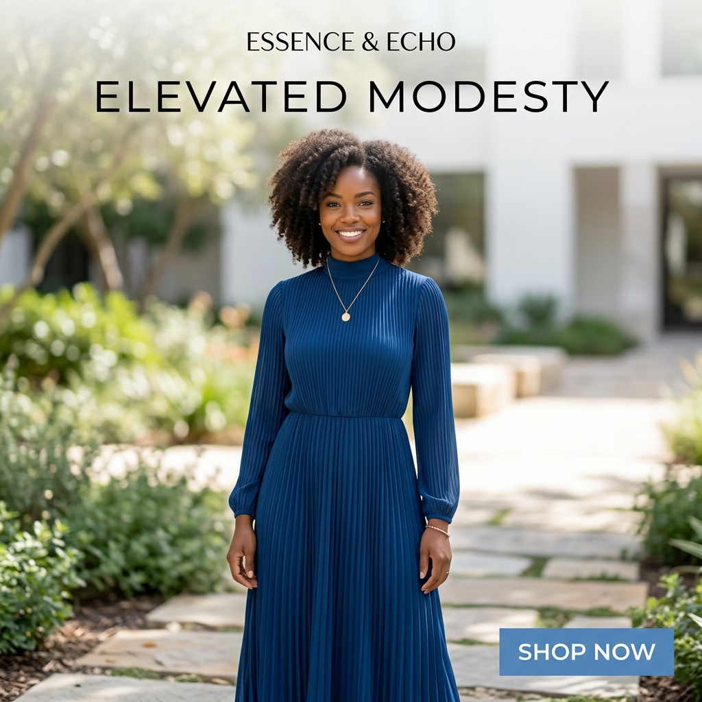 Smiling woman in a navy long-sleeve pleated maxi dress standing on a sunny garden path, Essence & Echo ad