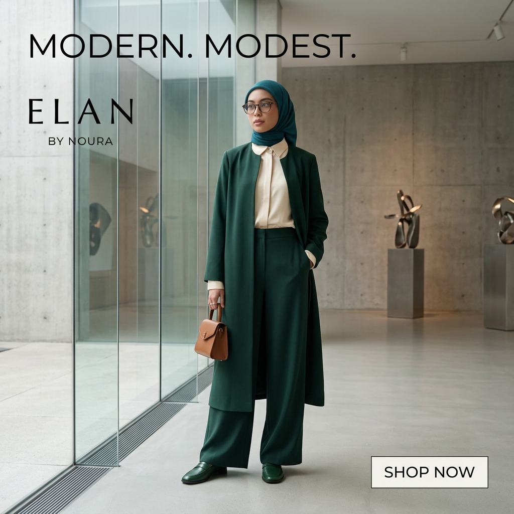 Woman in teal hijab, glasses, emerald long coat and wide-leg trousers holding a tan bag in a concrete art gallery, ELAN ad