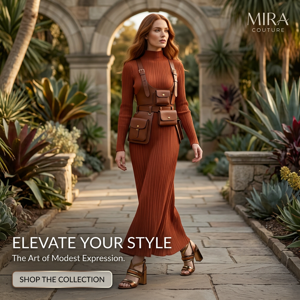 Red-haired woman in rust ribbed maxi dress with brown leather harness bag walking through a garden at golden hour, MIRA ad