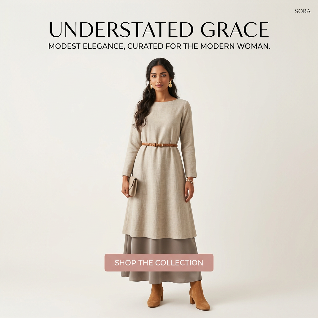 Woman in beige linen tunic dress with braided belt over a taupe maxi skirt and tan suede boots on cream background, SORA ad