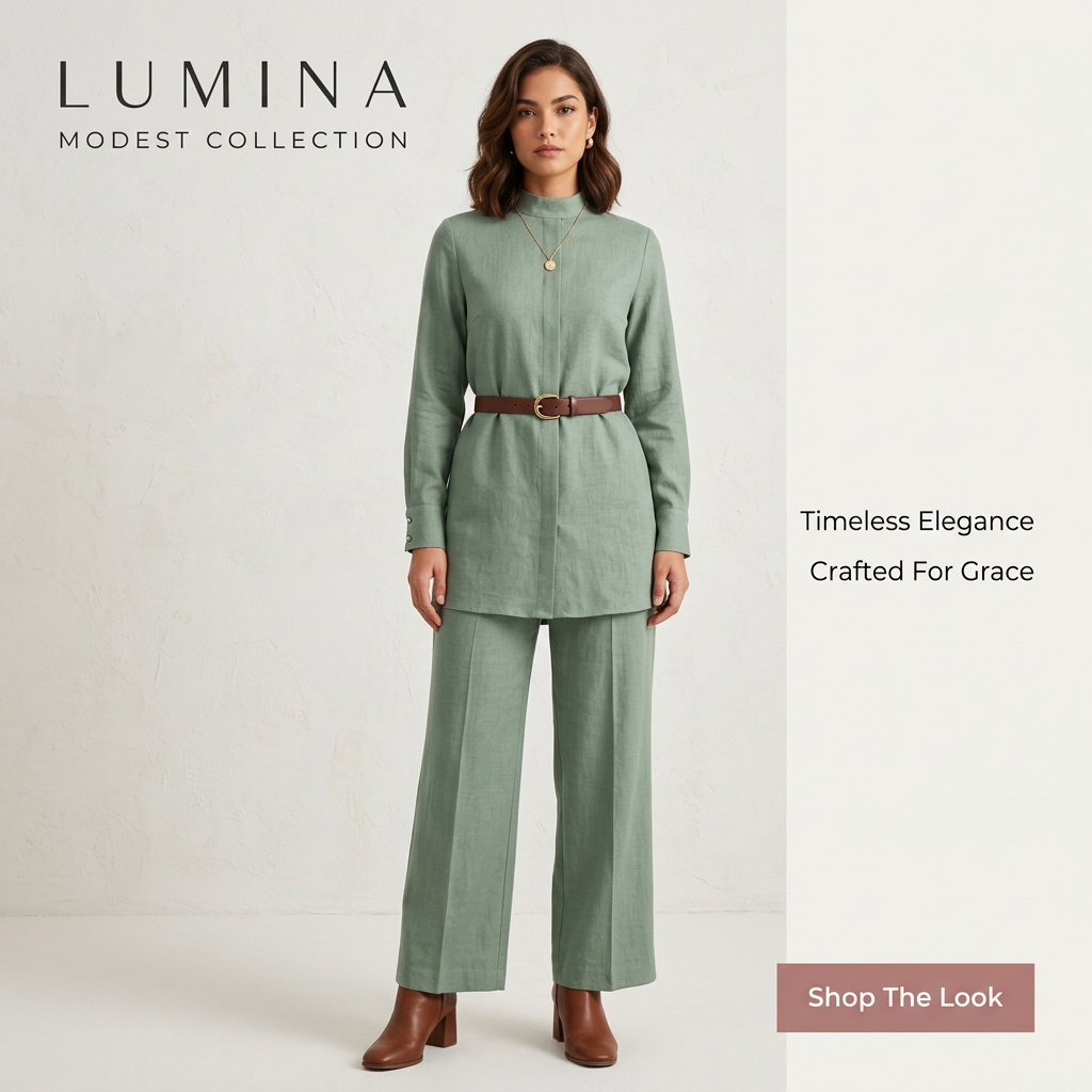 Woman in sage green linen tunic with brown belt and matching wide-leg trousers against a white plaster wall, LUMINA ad